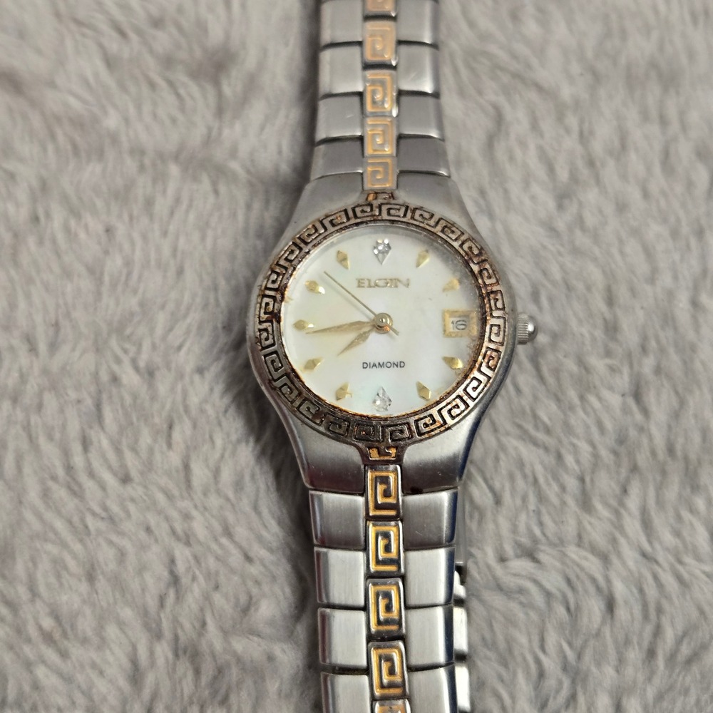 Elgin Diamond Two Tone Greek Key Watch Mother of Pearl Dial Date EG157